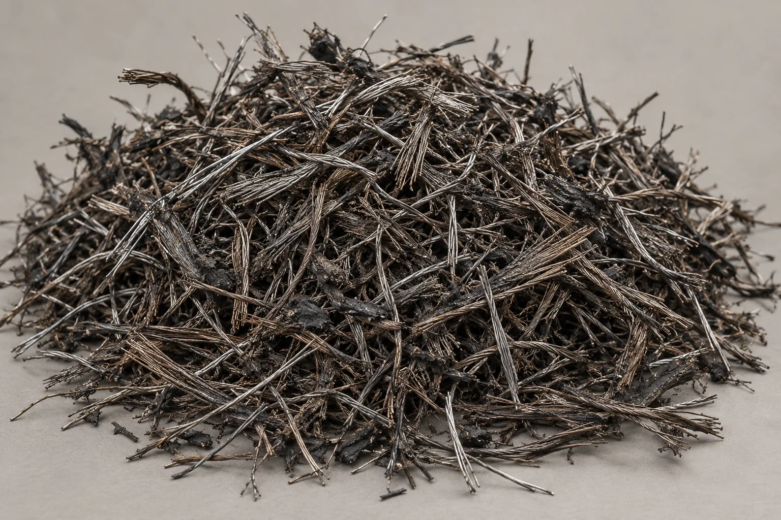 Illustration of irregular recovered tyre wire with rubber remnants